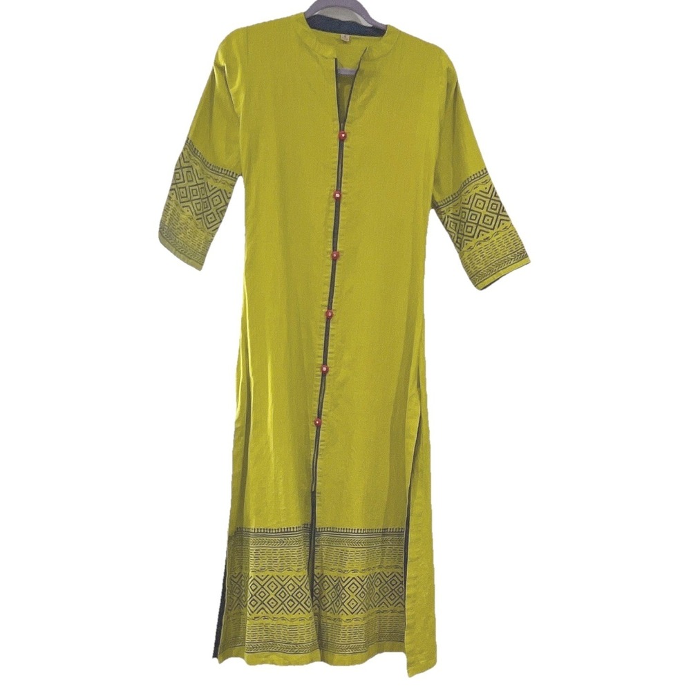 Lime Green Cotton Kurti Tunic Women Medium Geometric Block Print Boho Long Top